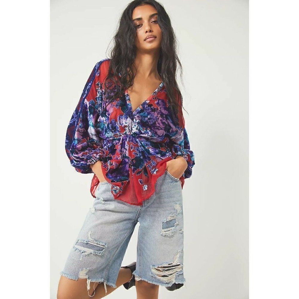 NWT FREE PEOPLE BONNIE BURNOUT VELVET TOP IN RED COMBO
